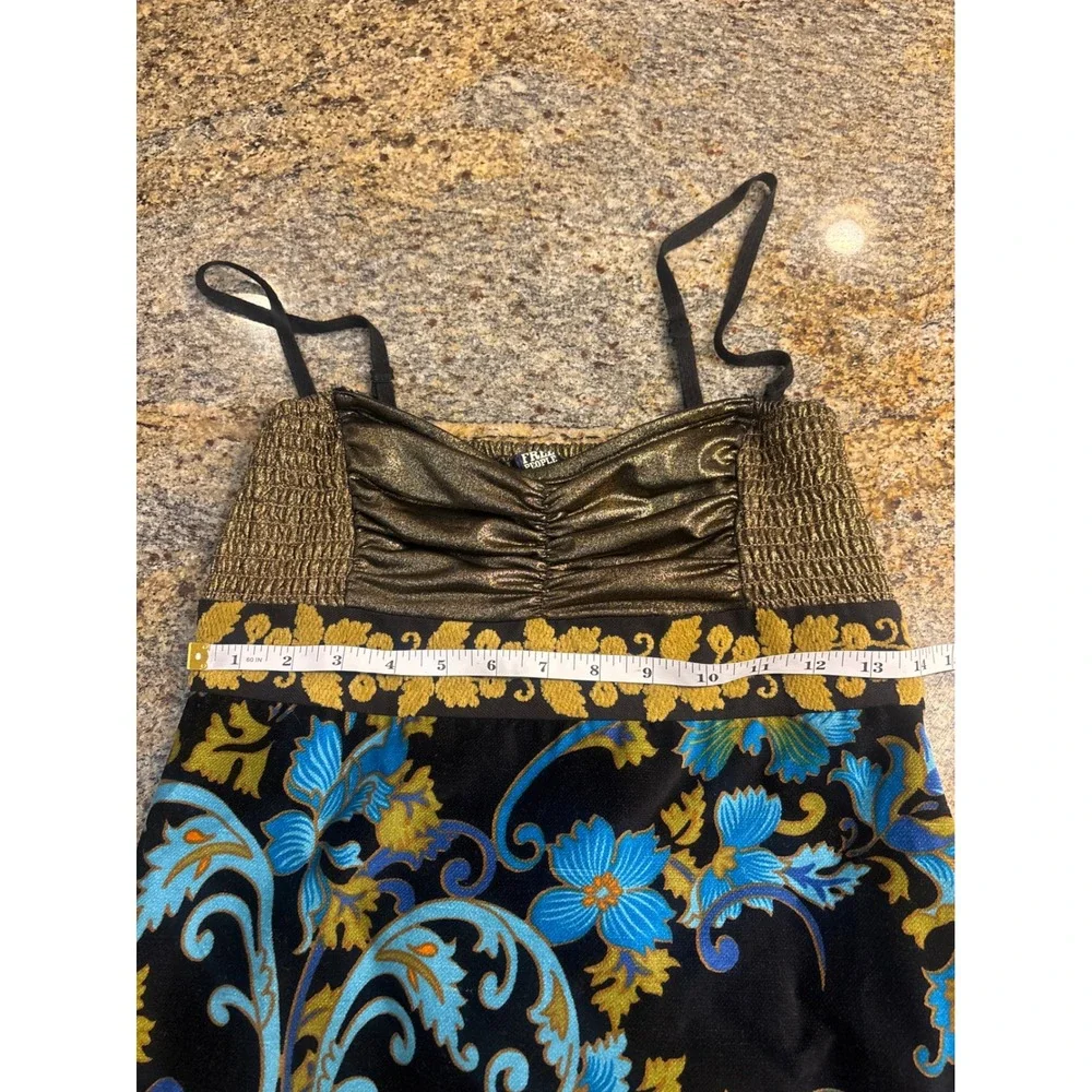 Free People Boho Floral Lost in Paradise Mini Dress Gold Metallic Smocked Blk 4
